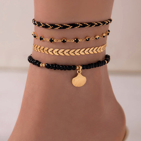 Rice Bead String Woven Rope Shell Four Layer Ankle Chain Summer Fashion Jewelry