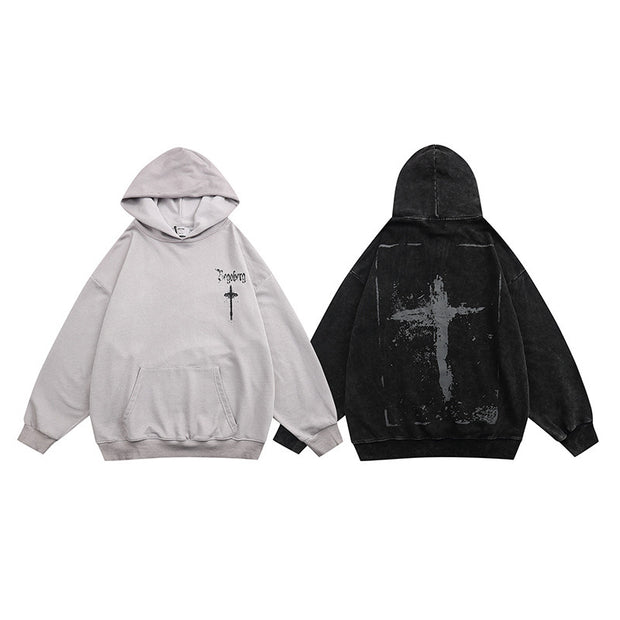 Retro Street Worn Looking Washed-out Graffiti Cross Printed Hoodie Men's Ins Trendy Religious Printed Long Sleeve