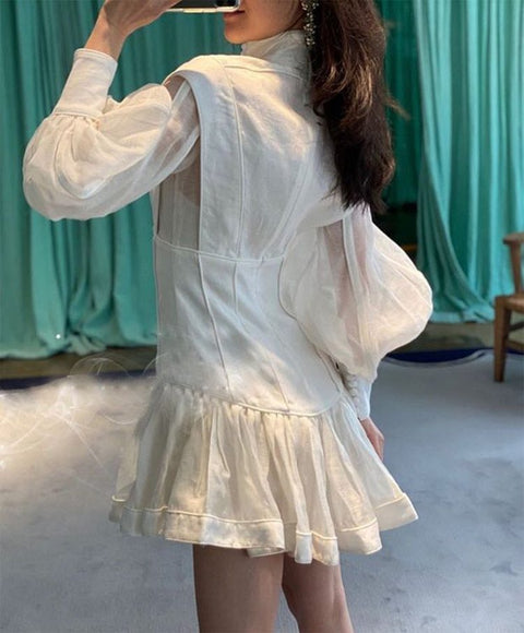 High-end Custom Fashion Runway Dresses Stereoscopic Cut Slender Button with Bubble Sleeves Ladies Dress