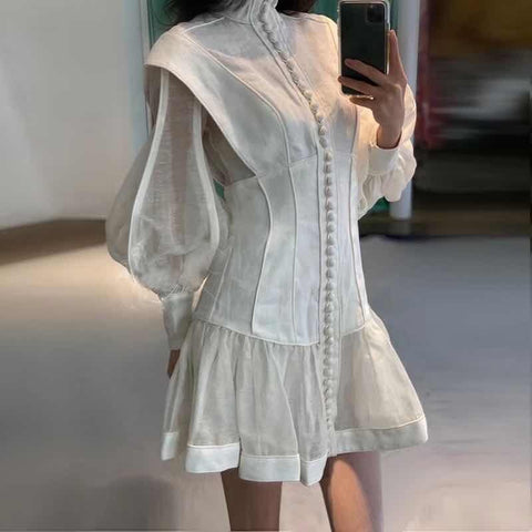 High-end Custom Fashion Runway Dresses Stereoscopic Cut Slender Button with Bubble Sleeves Ladies Dress