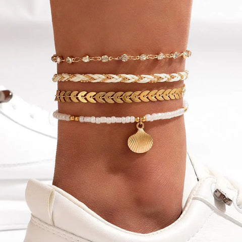 Rice Bead String Woven Rope Shell Four Layer Ankle Chain Summer Fashion Jewelry