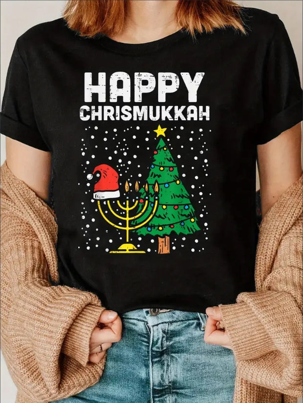 Christmas Tree & Slogan Print Comfy T-Shirt, Round Neck Short Sleeve Sports Tee, Women's Activewear