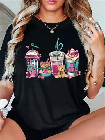 Bubble Tea Print Comfy T-Shirt, Round Neck Short Sleeve Sports Tee, Women's Activewear