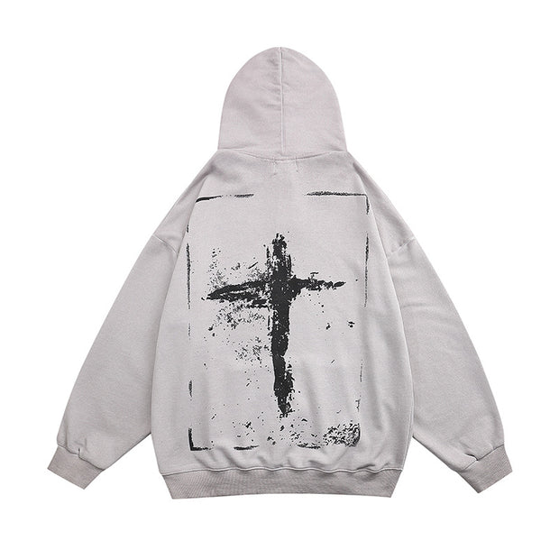 Retro Street Worn Looking Washed-out Graffiti Cross Printed Hoodie Men's Ins Trendy Religious Printed Long Sleeve