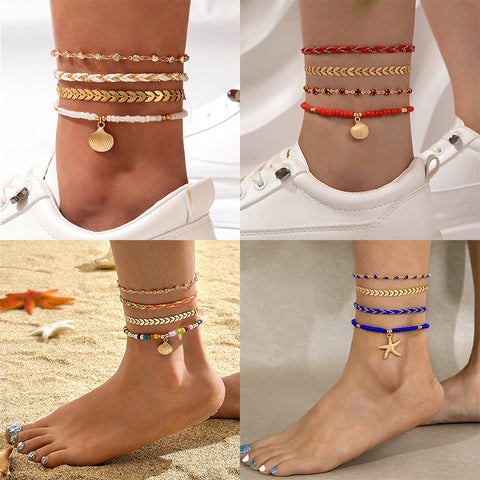 Rice Bead String Woven Rope Shell Four Layer Ankle Chain Summer Fashion Jewelry