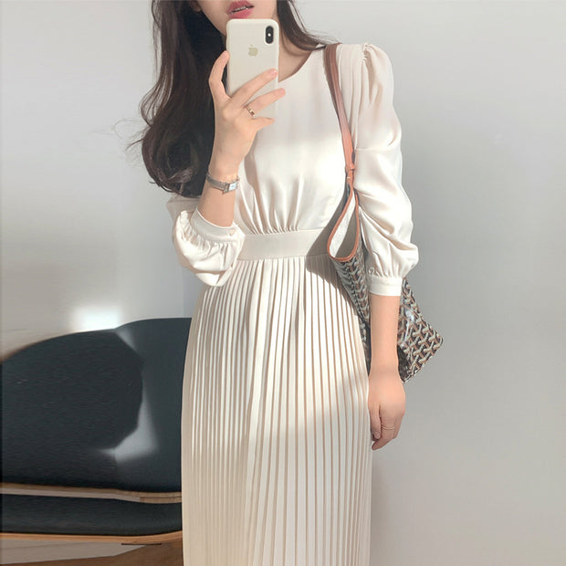 Round Neck French Elegance Pleated Dress