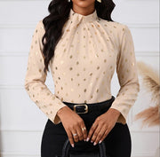 Ladies' Polka Dot Printed Pleated Collar Fashionable Date Commuting Shopping Long Sleeved Shirt